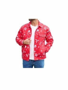 Red Printed Men's Jacket - Casual Button-Up Coat